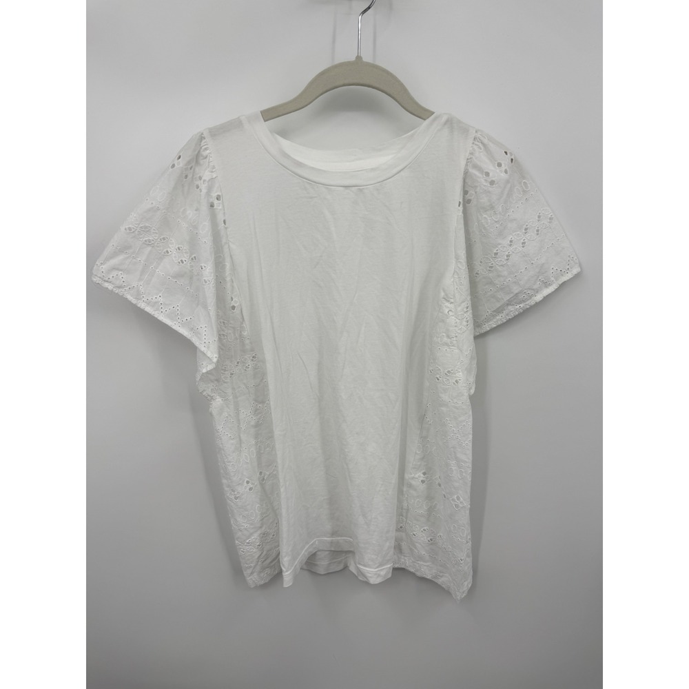 LOFT Eyelet Mixed Media Top Womens Medium White Short Sleeve Crew Neck 767376
